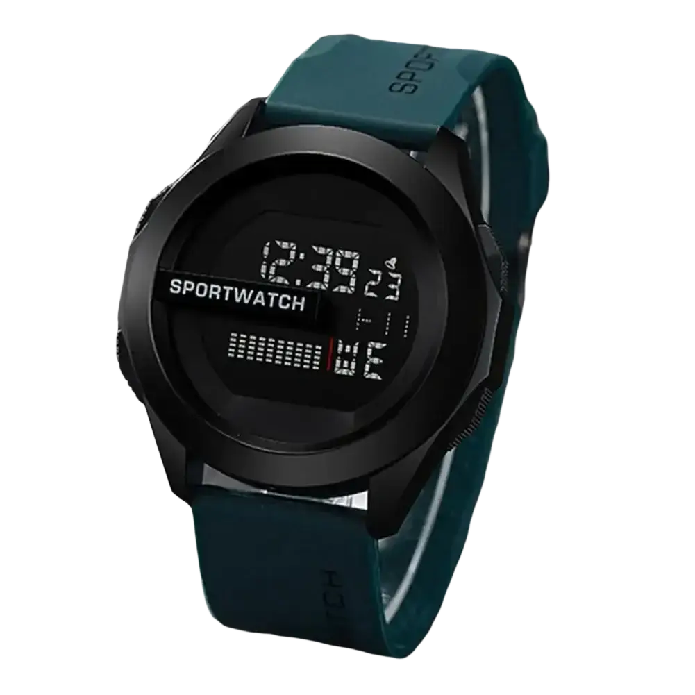 Men digital sport watch with a black face, teal silicone waterproof band, and sportwatch branding