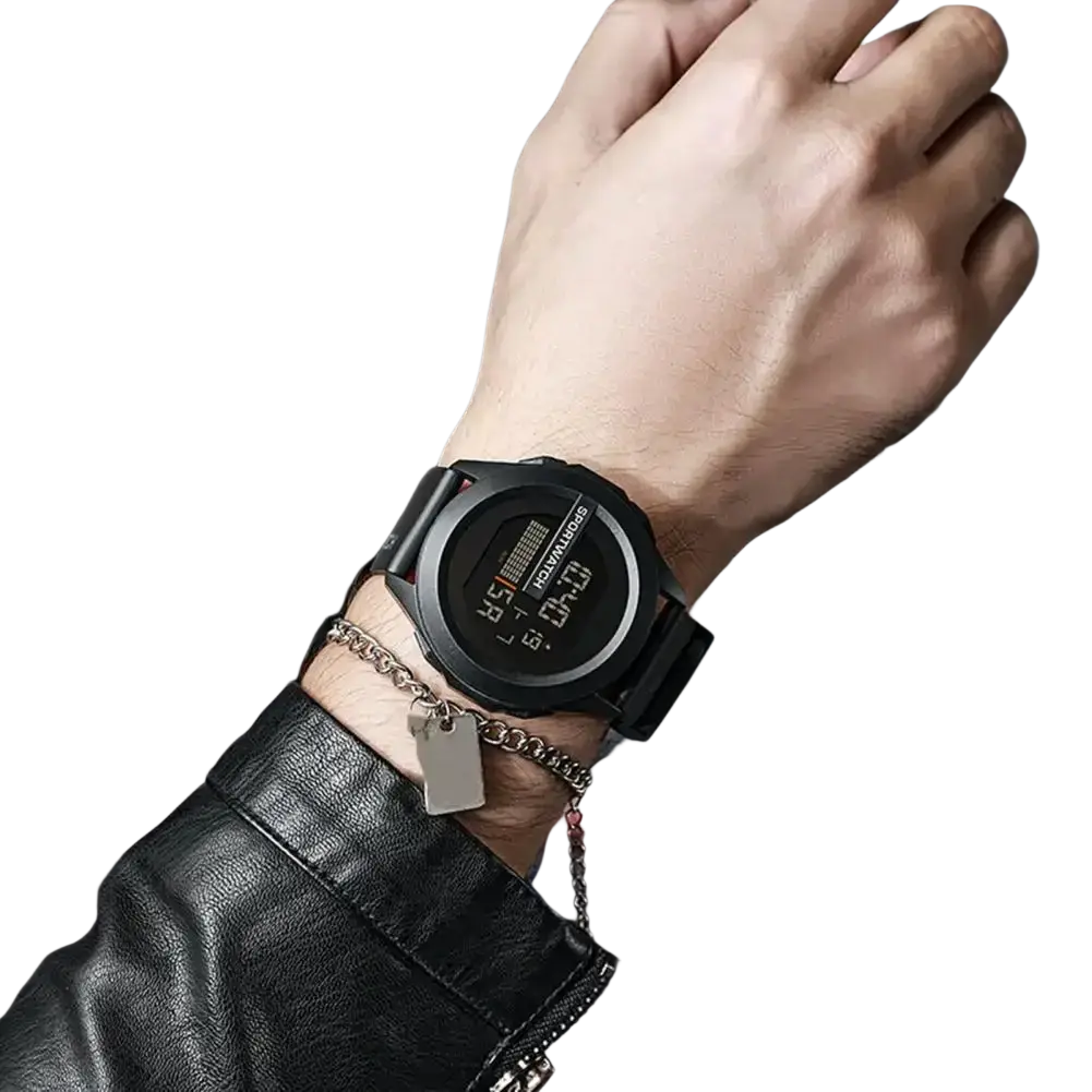 Men digital sport watch waterproof with a black matte rectangular face and silicone band displaying time in white digits