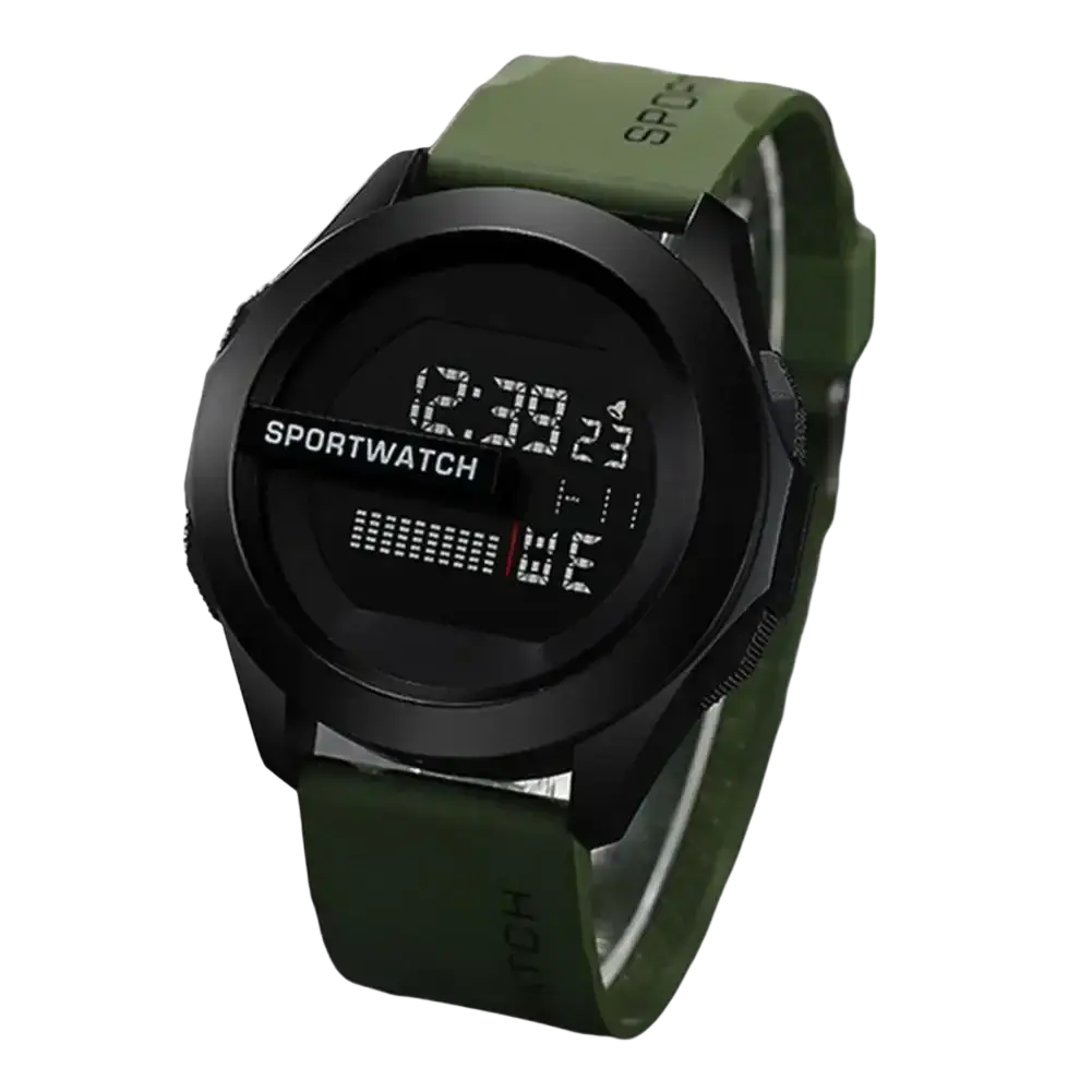 Black men digital sport watch with olive green silicone band and sportwatch branding waterproof design