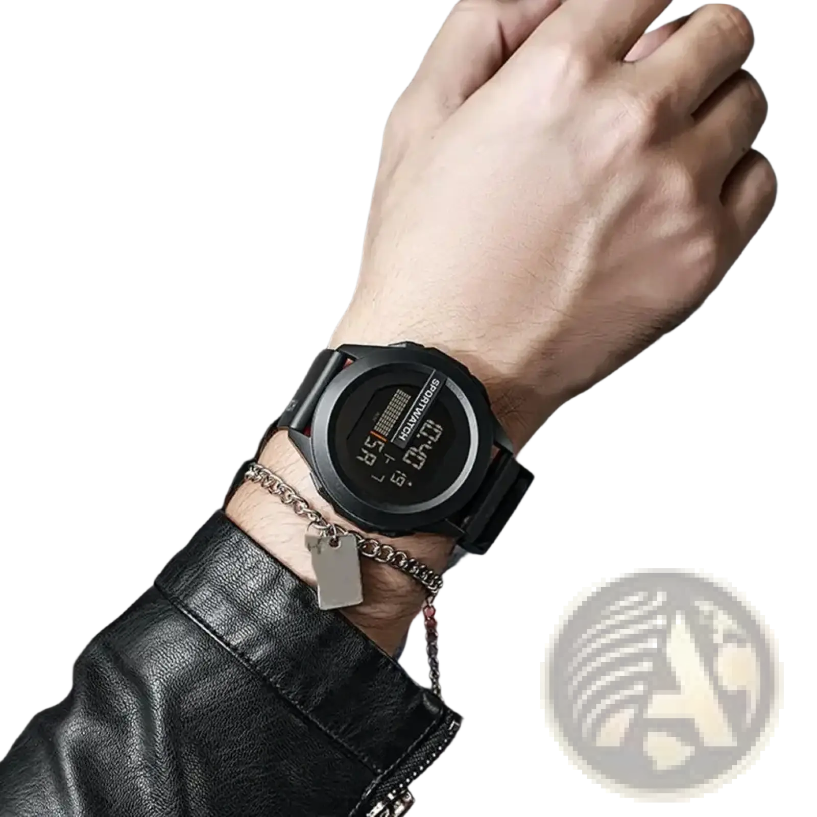 Men digital sport watch waterproof with a black matte rectangular face and silicone band displaying time in white digits