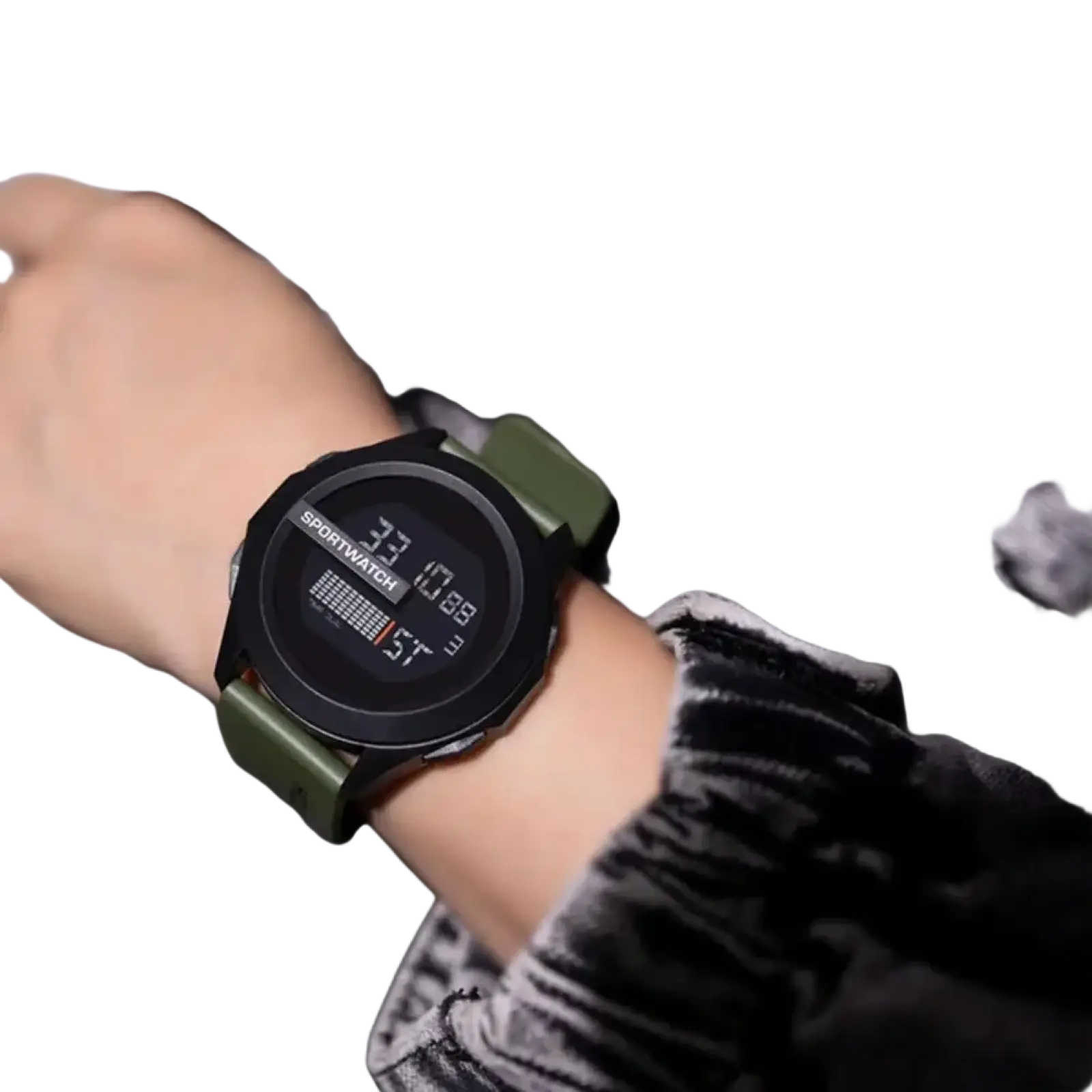 Black digital sport watch with waterproof feature and olive green silicone band for men