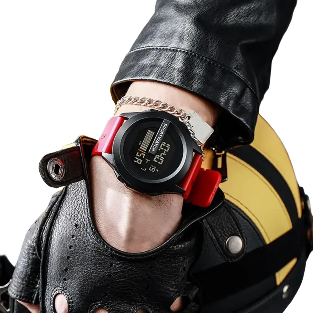 Men digital sport watch with black waterproof silicone band and red strap worn on wrist with black leather gloves