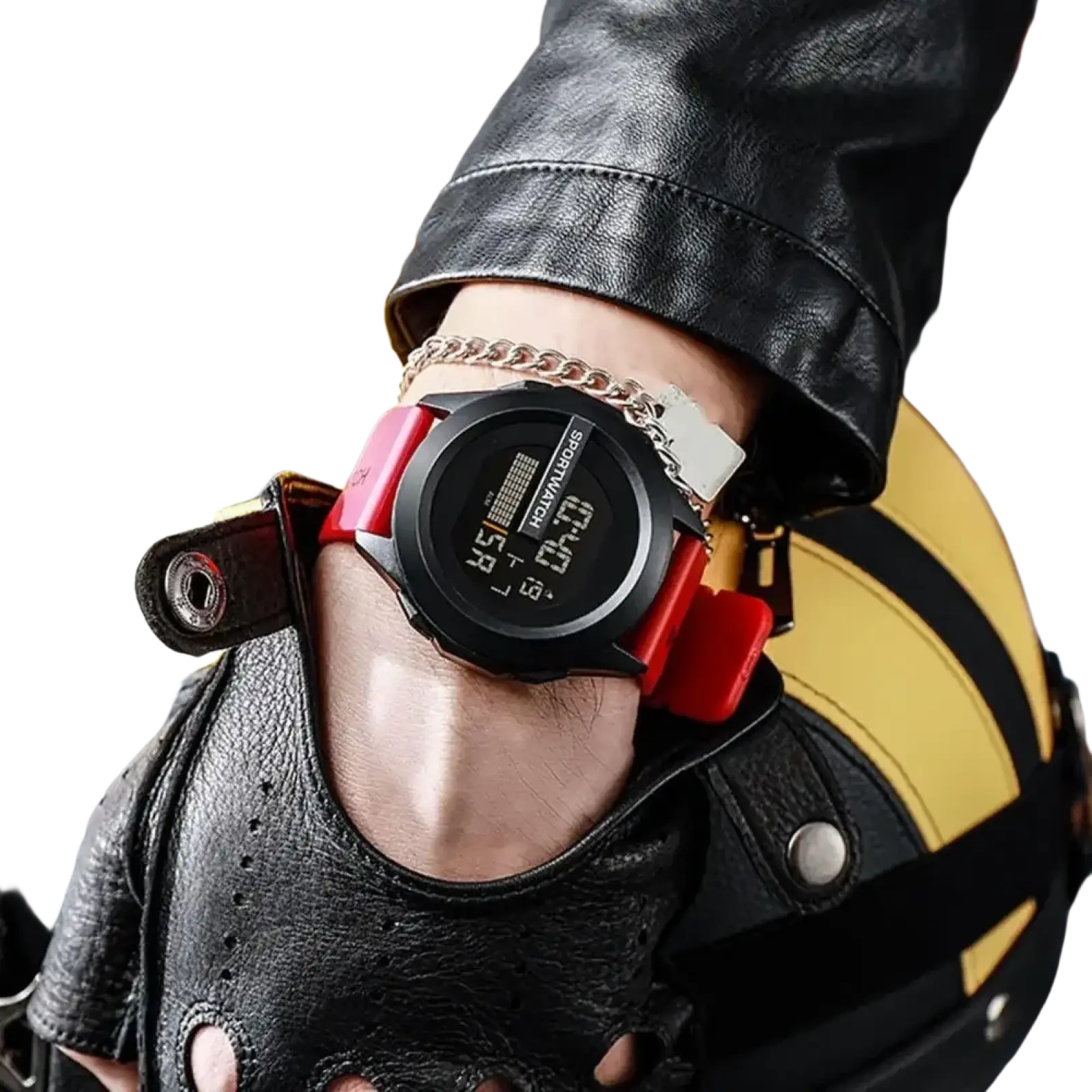 Men digital sport watch with black waterproof silicone band and red strap worn on wrist with black leather gloves