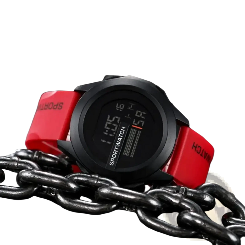 Men digital sport watch with black face, bold sportwatch branding, and red waterproof silicone band