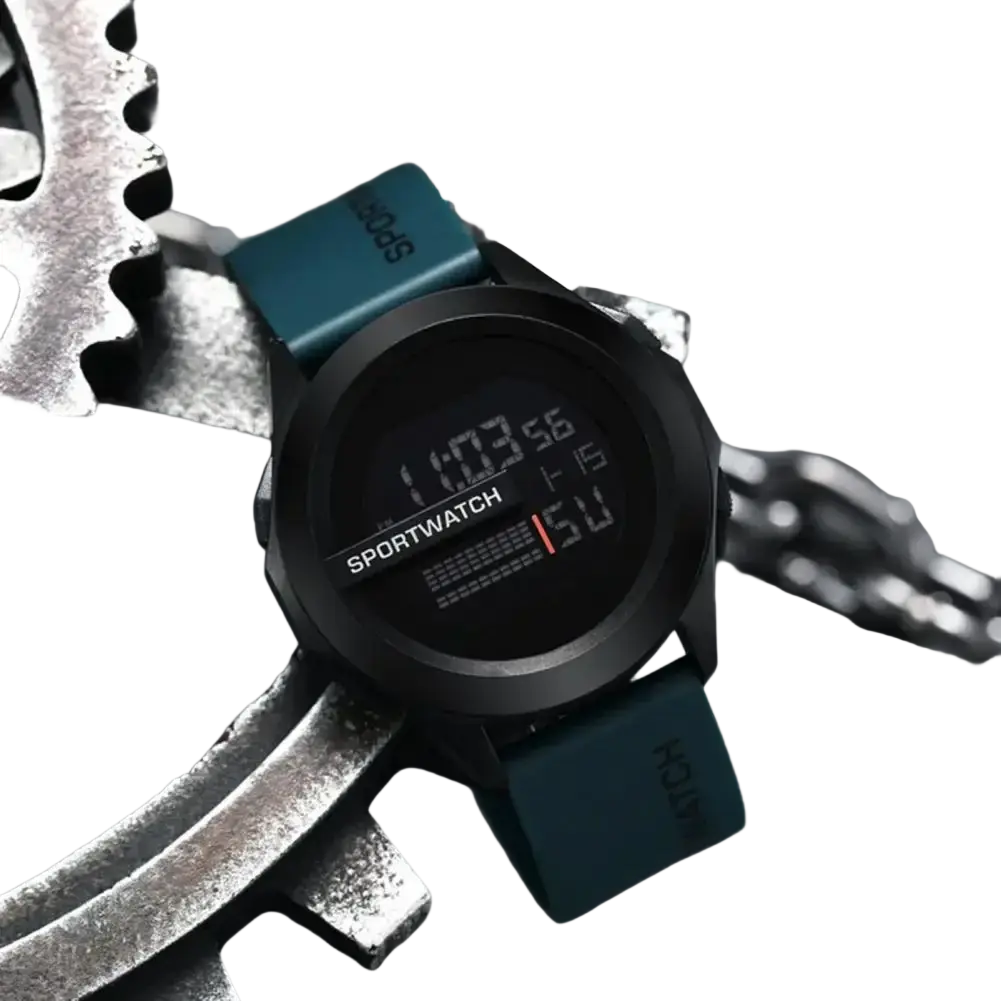 Men digital sport watch with black case, teal silicone band, red led display, and waterproof feature