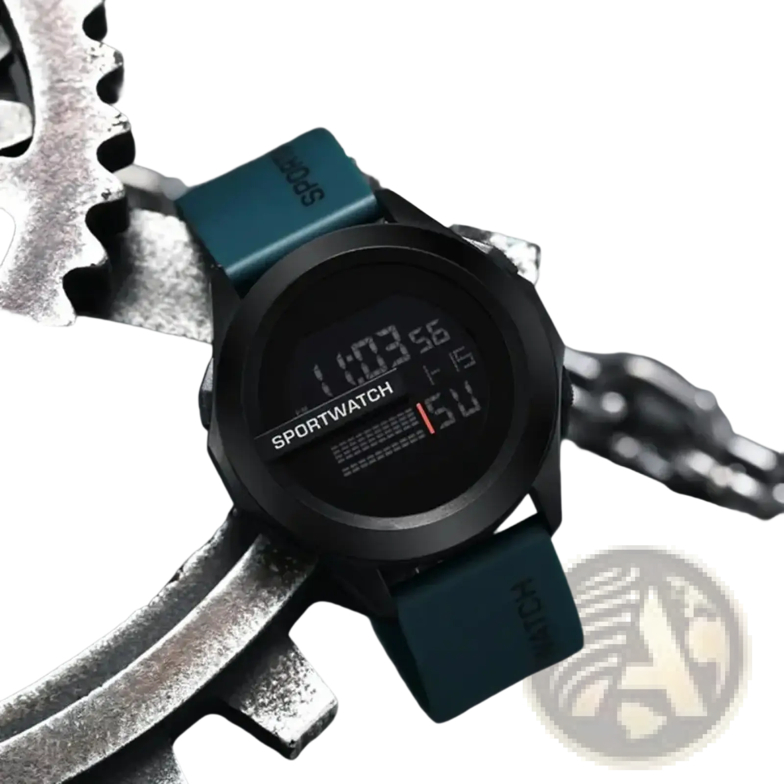 Men digital sport watch with black case, teal silicone band, red led display, and waterproof feature