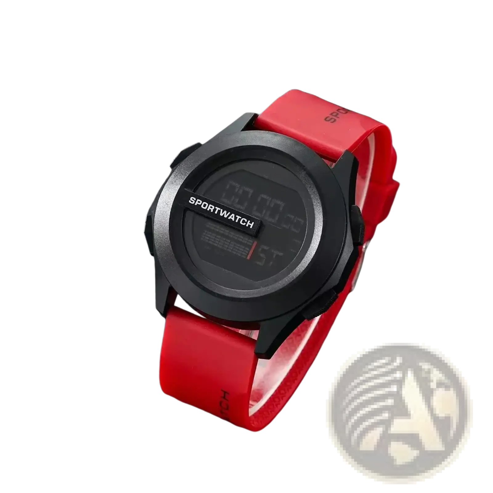 Men digital sport watch with waterproof red silicone strap and black digital face featuring sportwatch branding