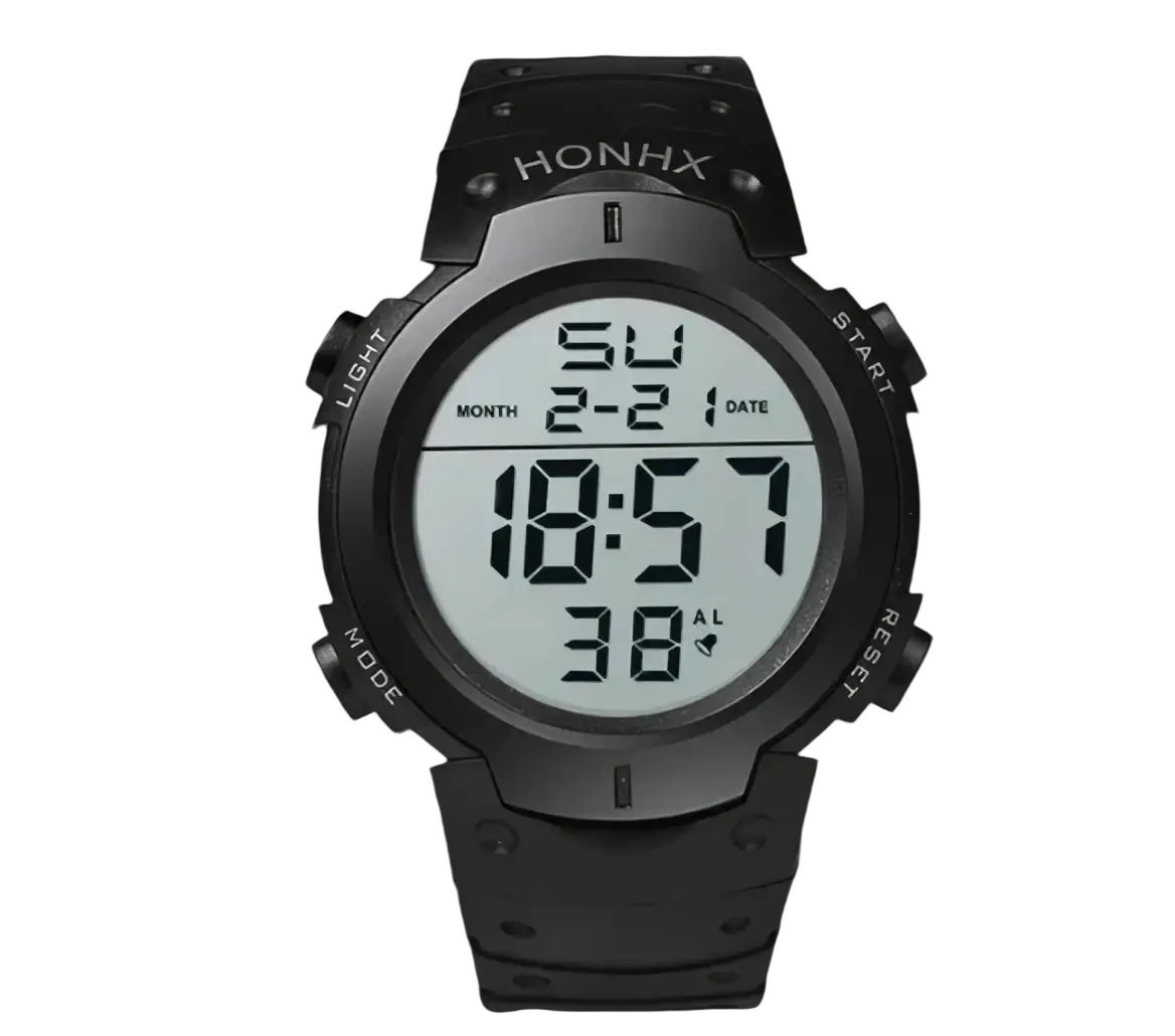 Black digital sports watch with rugged matte plastic case and silicone strap designed for digital sports use