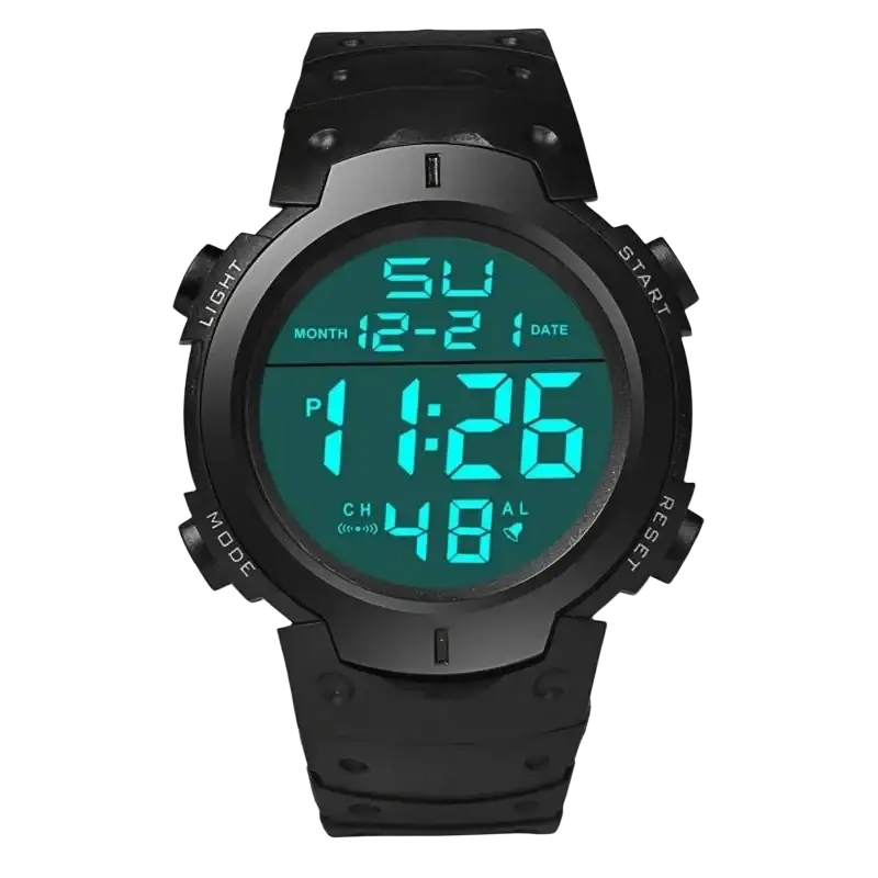 Black digital sports watch with teal led display and waterproof silicone textured strap for men digital sports use