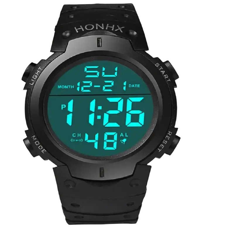 Black digital sports watch with teal led display rugged case and waterproof silicone strap for men digital sports use
