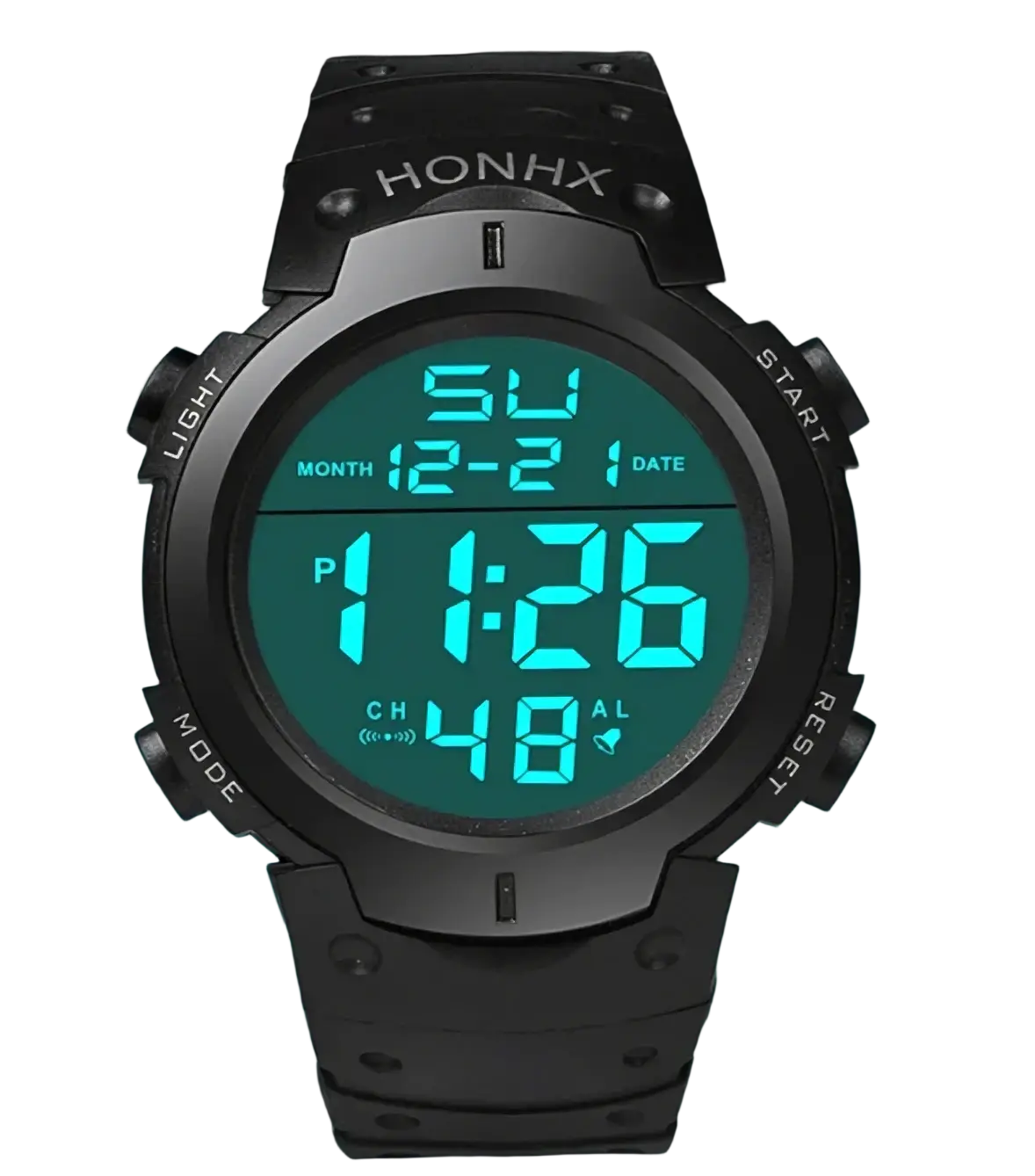 Black digital sports watch with teal led backlight and waterproof silicone strap for men digital sports use