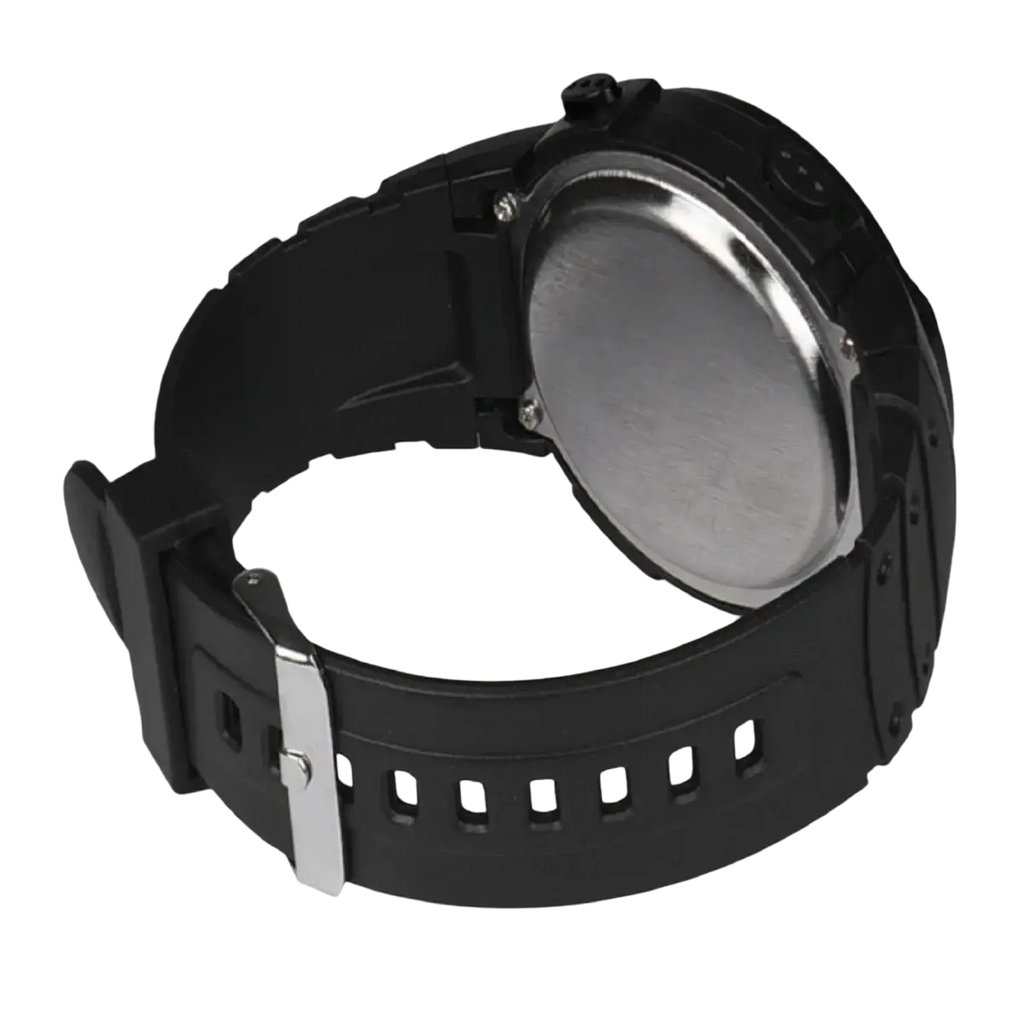 Black rubber strap digital sports watch with silver-tone buckle and metallic case back showing the back side
