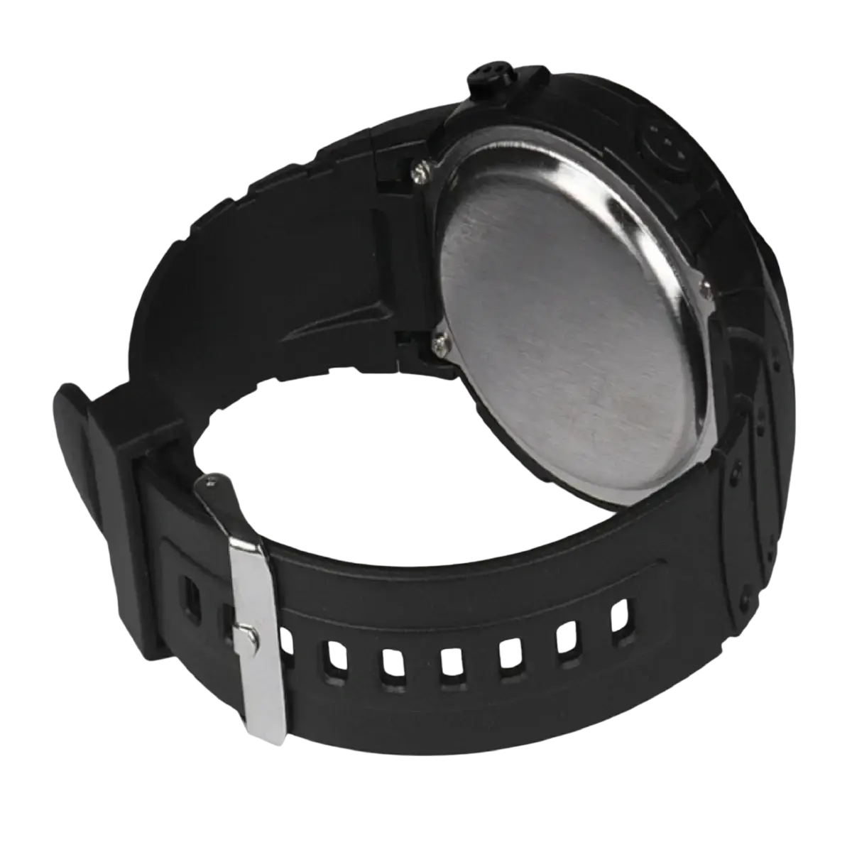Black rubber strap digital sports watch with silver-tone buckle and metallic case back showing the back side