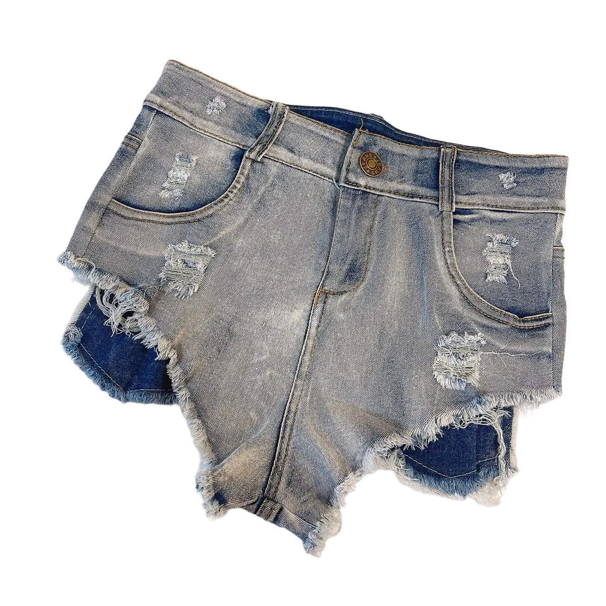 Men distressed denim boxer shorts in faded blue wash with ripped details and frayed raw trim hem