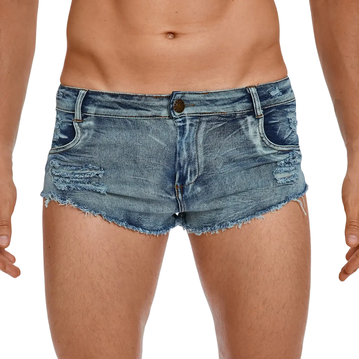Men distressed blue denim boxer shorts with ripped details and frayed hem featuring raw trim design