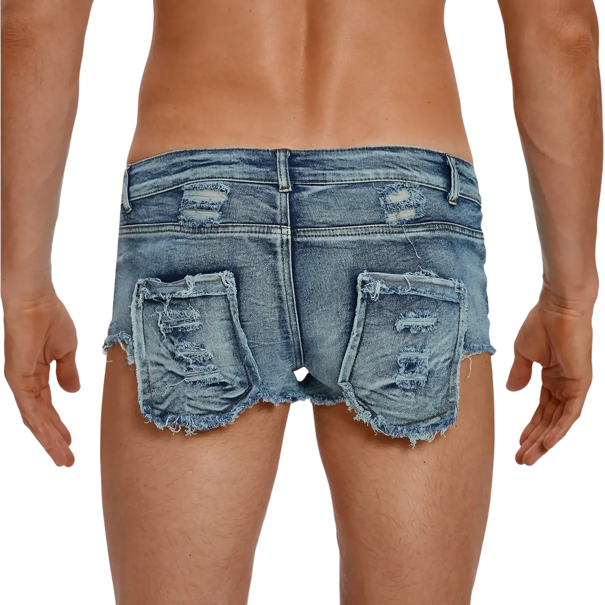 Men distressed blue denim boxer shorts with ripped pockets and frayed edges made of raw trim fabric