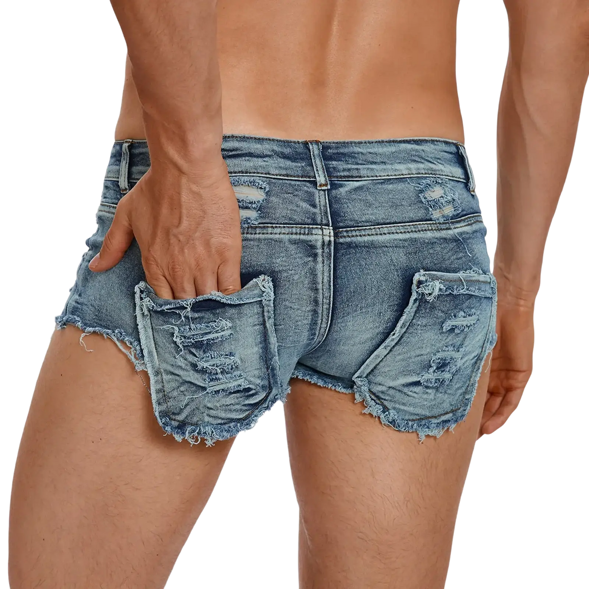 Men distressed denim boxer shorts featuring ripped details frayed edges in blue denim material