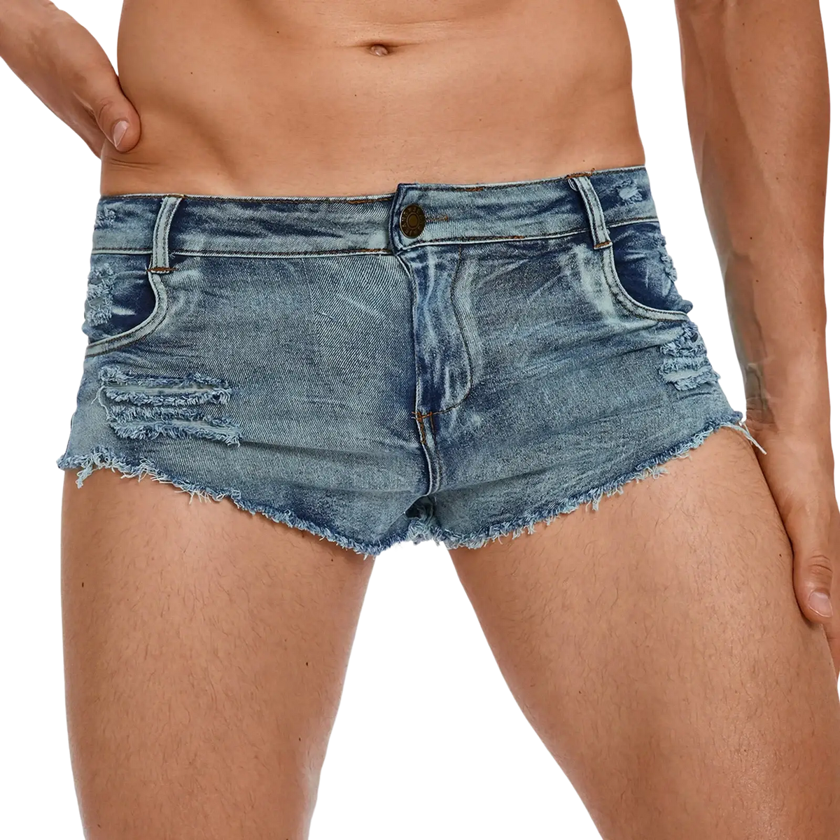 Men distressed denim boxer shorts in blue with ripped details and frayed hem made from raw trim denim material