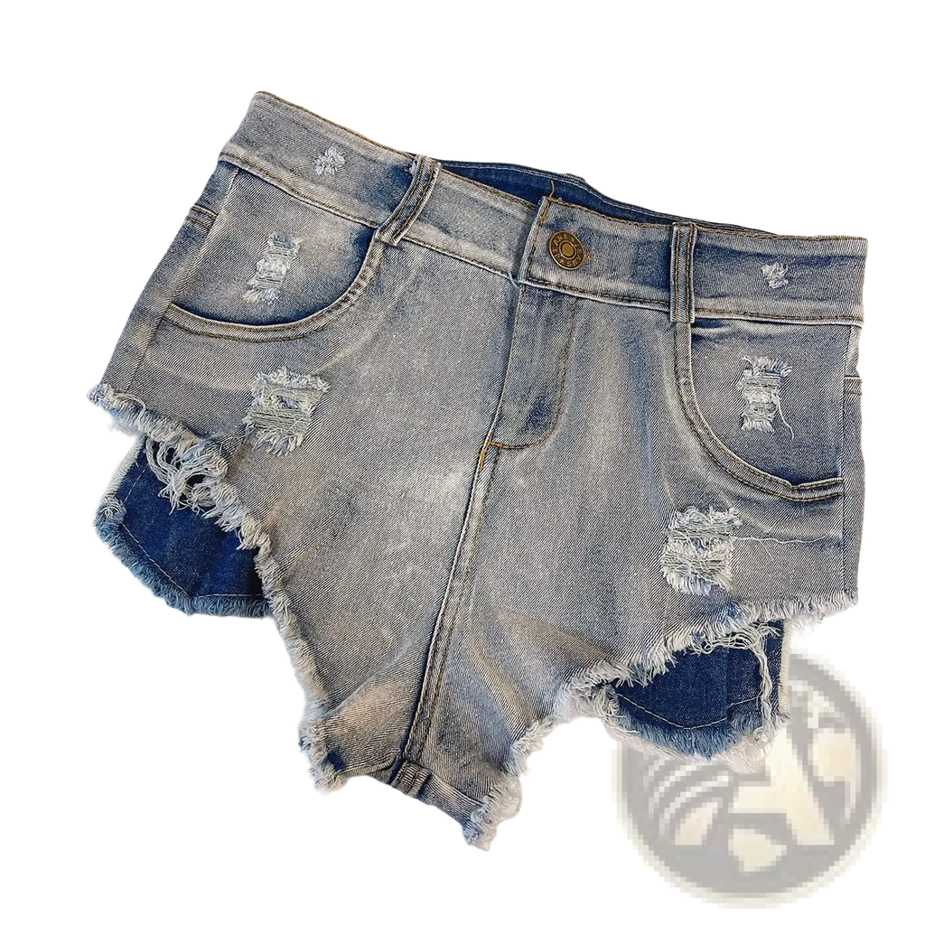 Men distressed denim boxer shorts in faded blue wash with ripped details and frayed raw trim hem