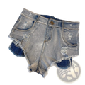 Men distressed denim boxer shorts in faded blue wash with ripped details and frayed raw trim hem
