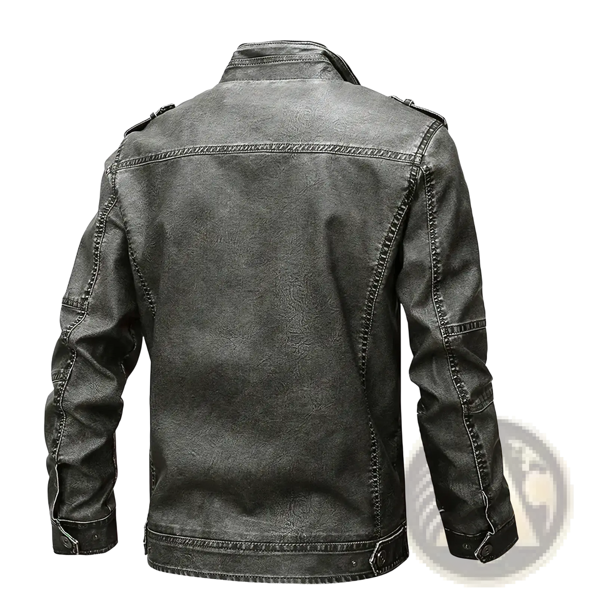 Men distressed faux leather jacket in black with a vintage finish and reinforced stitching along the seams