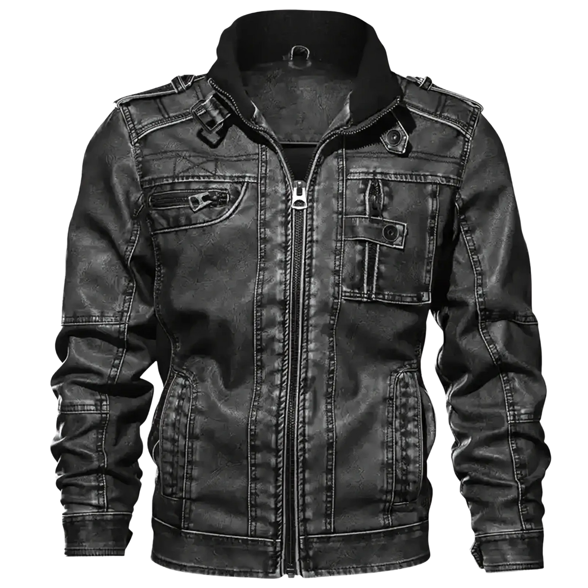 Men distressed black faux leather jacket with high collar front zipper closure and multiple pockets