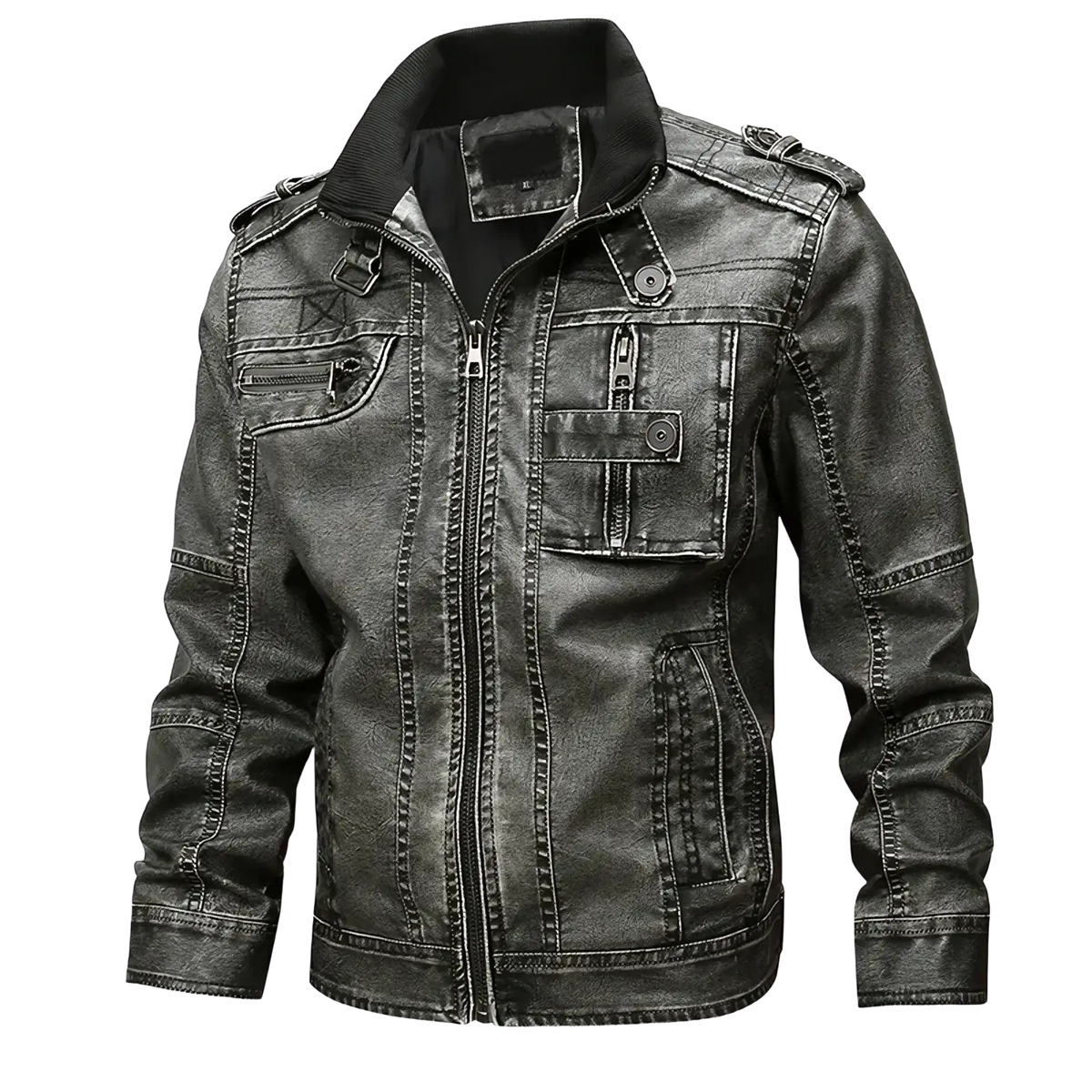 Men distressed black faux leather jacket with rugged texture and multiple zippered pockets for casual wear