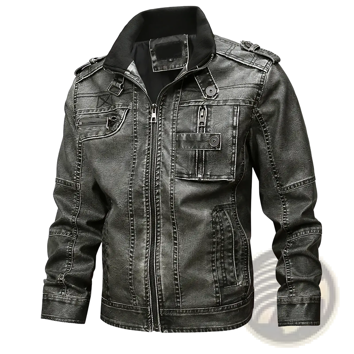 Men distressed black faux leather jacket with rugged texture and multiple zippered pockets for casual wear