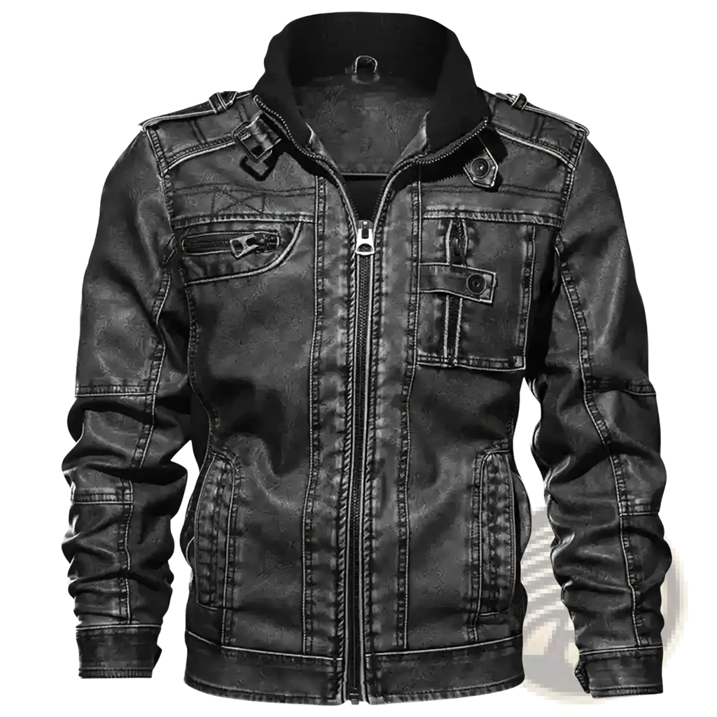 Men distressed black faux leather jacket with high collar front zipper closure and multiple pockets