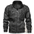 Men distressed black faux leather jacket with high collar front zipper closure and multiple pockets