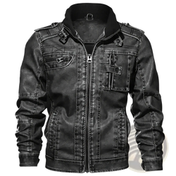 Men distressed black faux leather jacket with high collar front zipper closure and multiple pockets