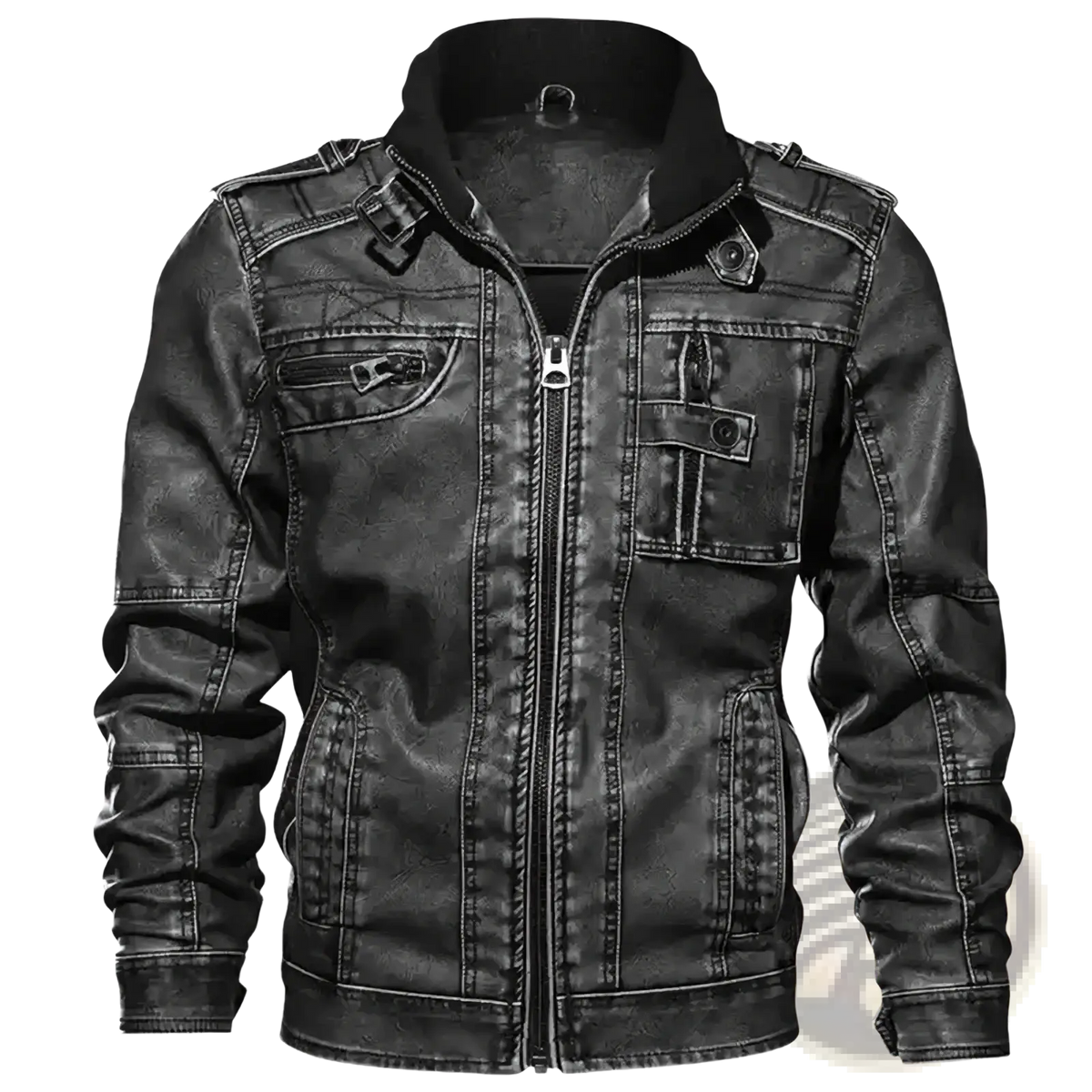 Men distressed black faux leather jacket with high collar front zipper closure and multiple pockets