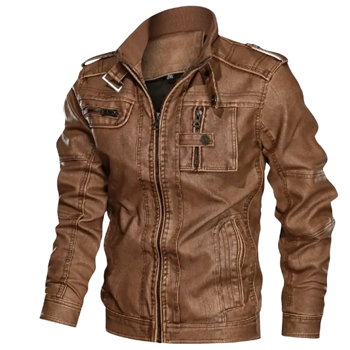 Men distressed brown faux leather motorcycle jacket with multiple pockets and front zipper closure