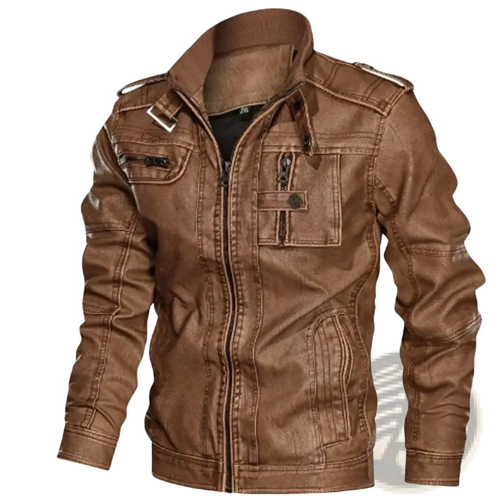 Men distressed brown faux leather motorcycle jacket with multiple pockets and front zipper closure