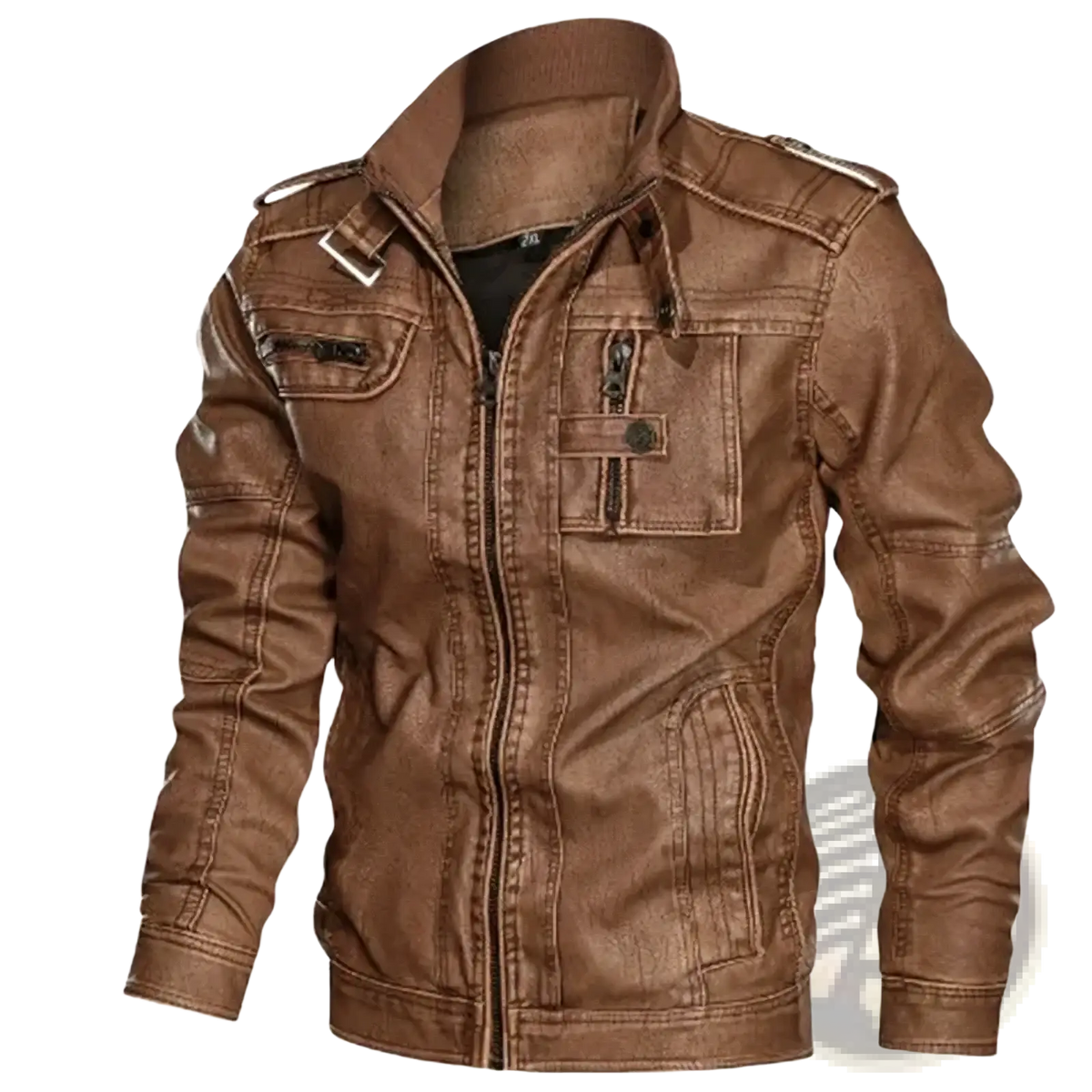 Men distressed brown faux leather motorcycle jacket with multiple pockets and front zipper closure