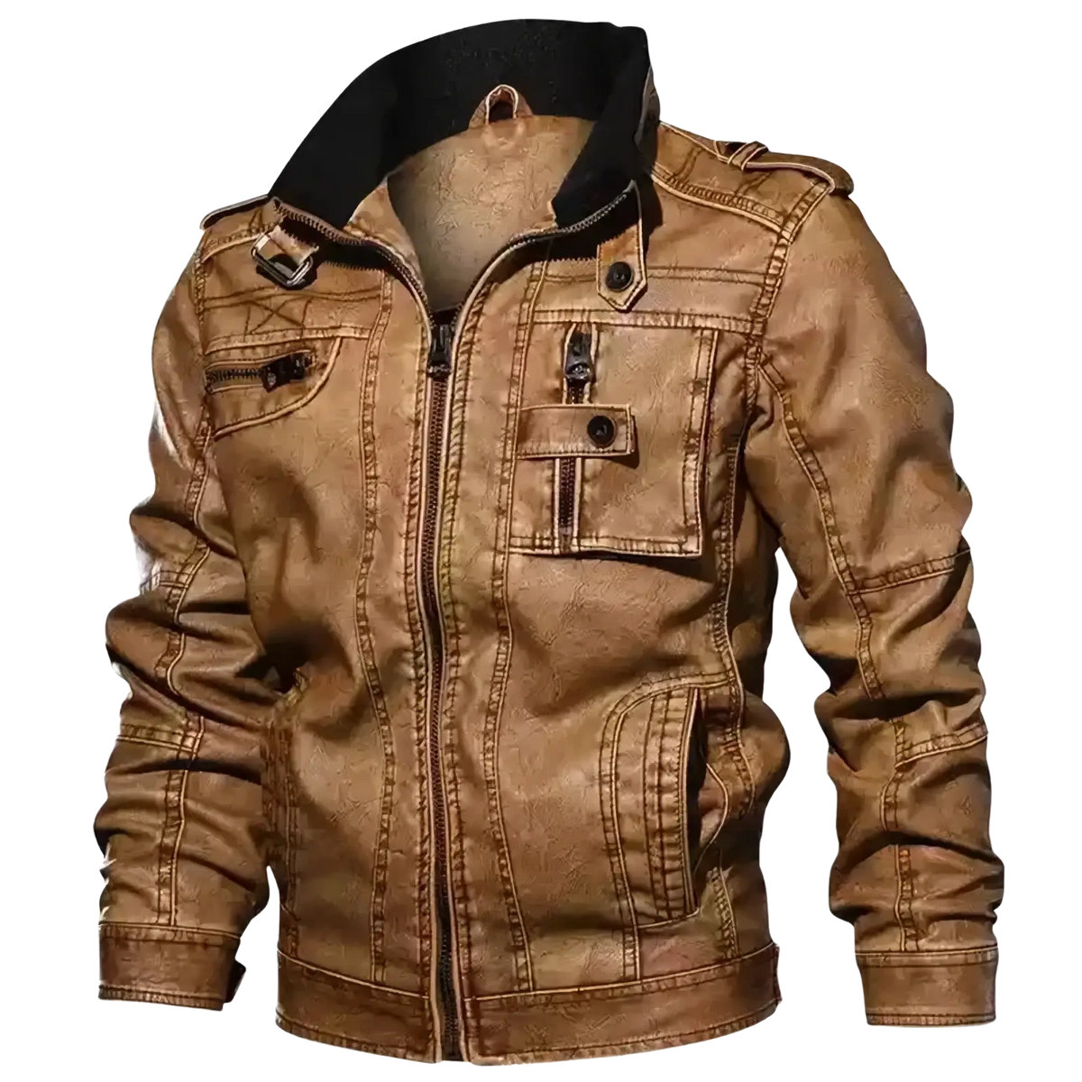 Men distressed faux leather jacket in tan with a black collar and zipper details for a stylish look