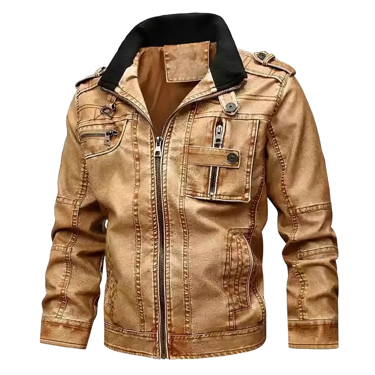 Men distressed tan faux leather motorcycle jacket with black collar and silver zippers front view