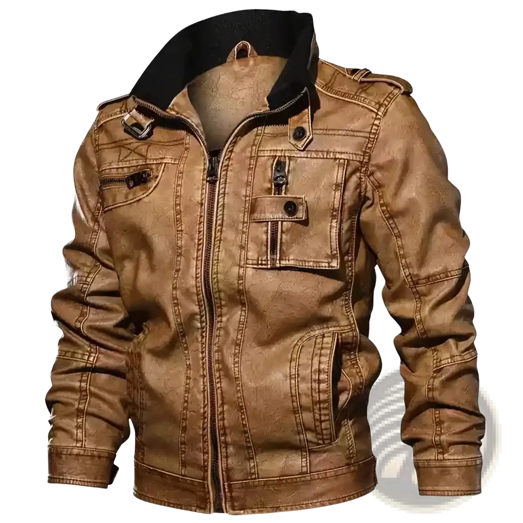 Men distressed faux leather jacket in tan with a black collar and zipper details for a stylish look