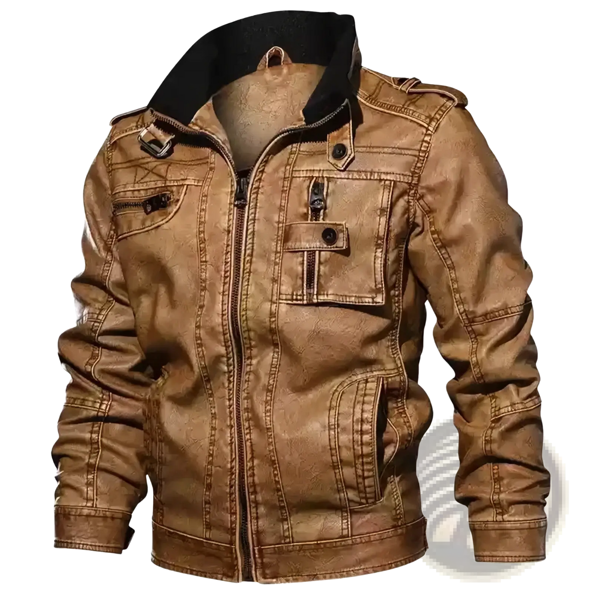 Men distressed faux leather jacket in tan with a black collar and zipper details for a stylish look