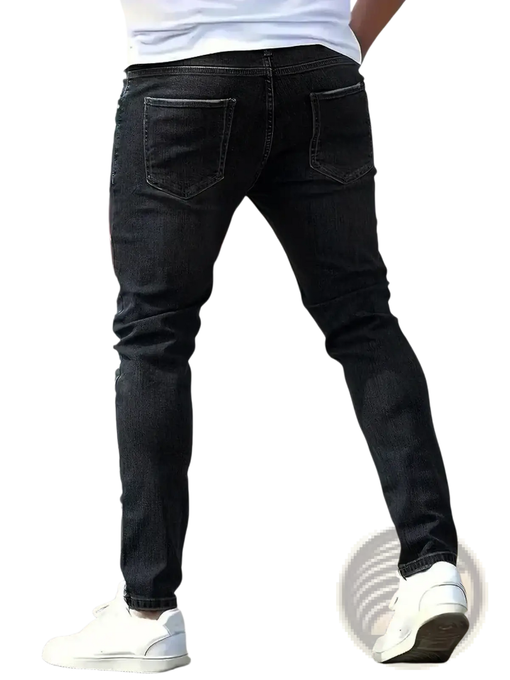 Black distressed slim-fit denim jeans showing the back side with classic back pocket design for men