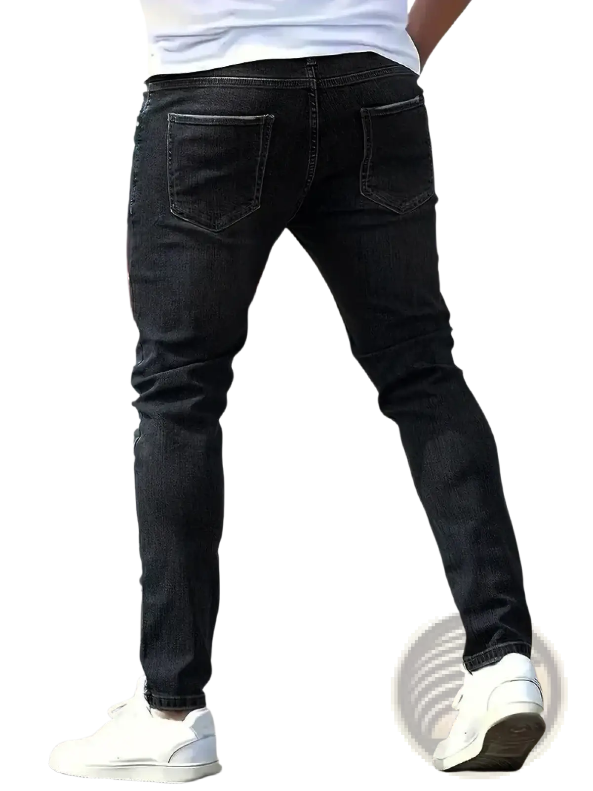 Black distressed slim-fit denim jeans showing the back side with classic back pocket design for men
