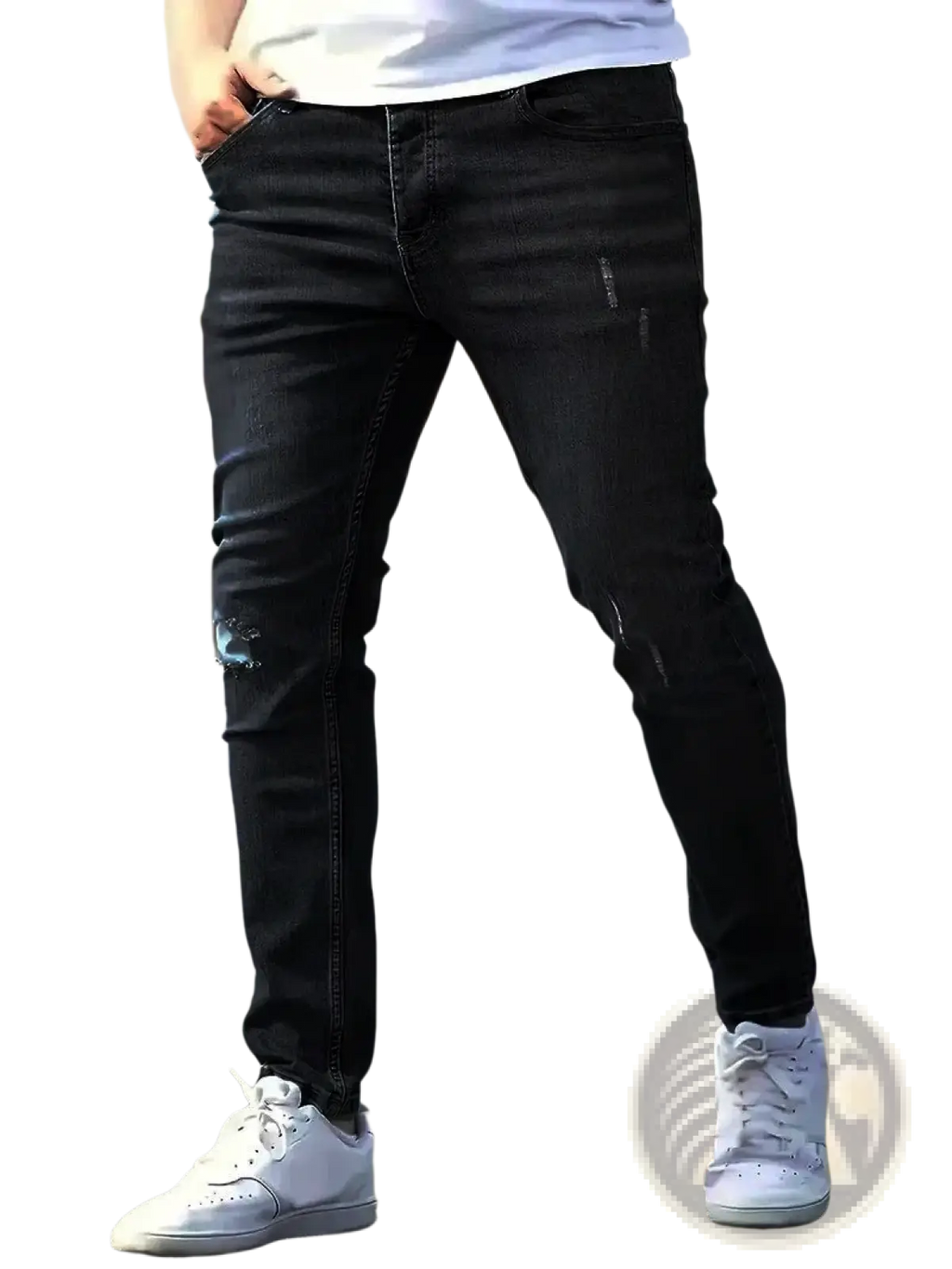 Men distressed skinny jeans made of black vintage slim fit denim with subtle zipper detailing and a distressed design