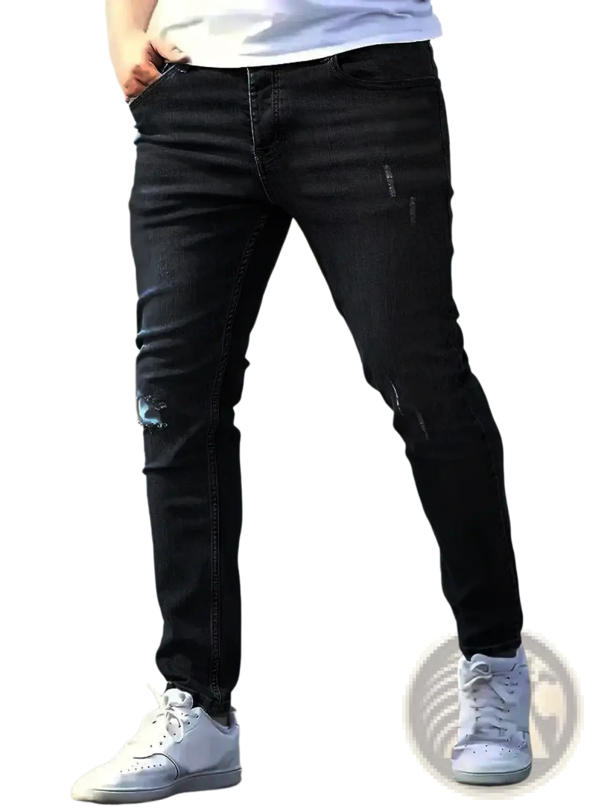 Men distressed skinny jeans made of black vintage slim fit denim with subtle zipper detailing and a distressed design
