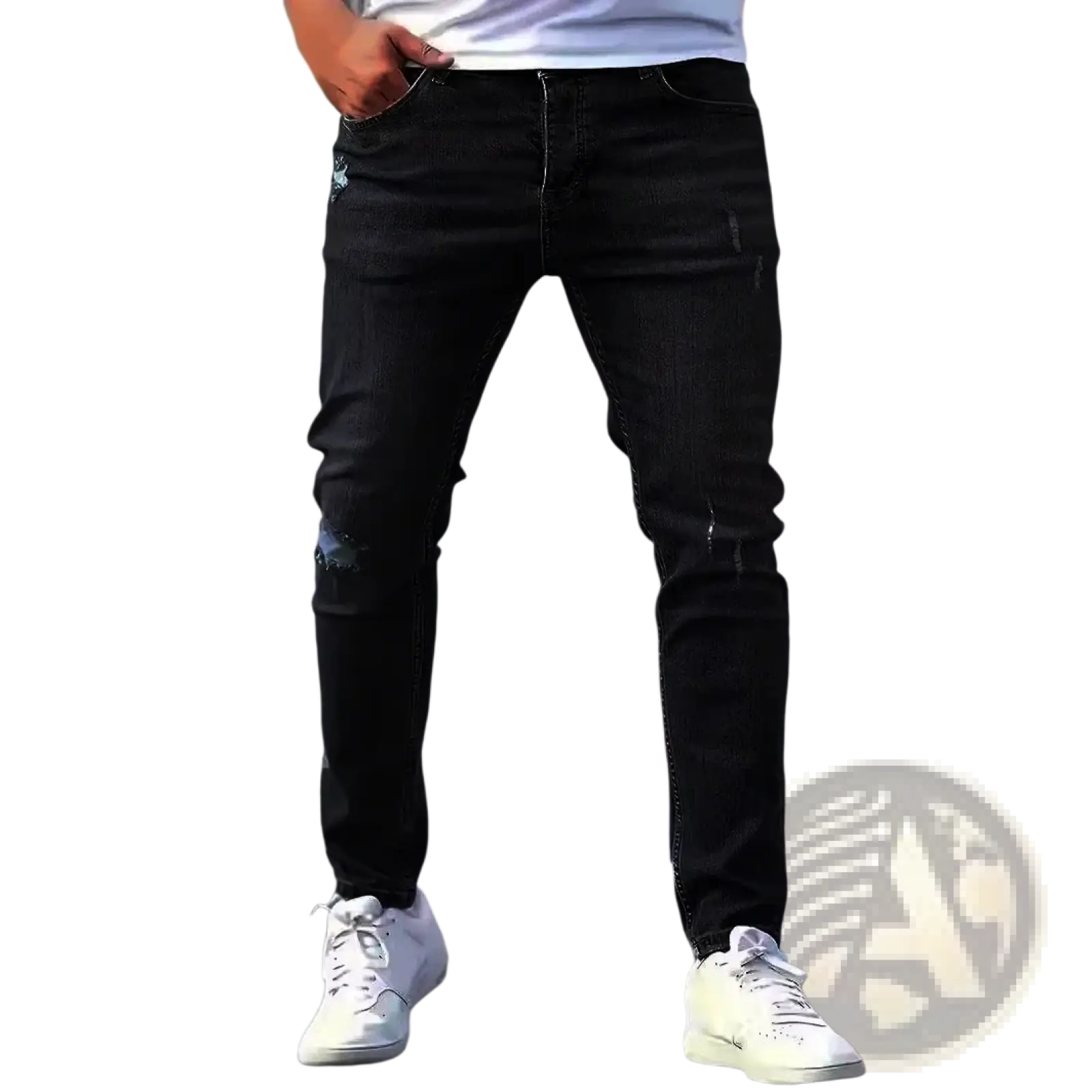 Men distressed skinny jeans in black denim featuring ripped knees and subtle fading for a vintage slim fit look