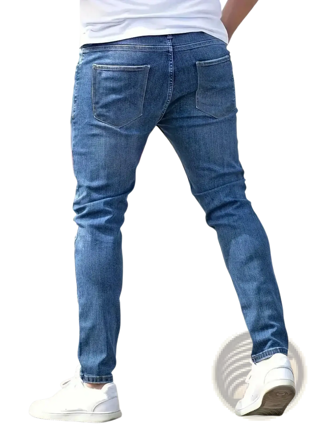 Blue denim distressed skinny jeans with slim fit and classic back pockets shown from the back side