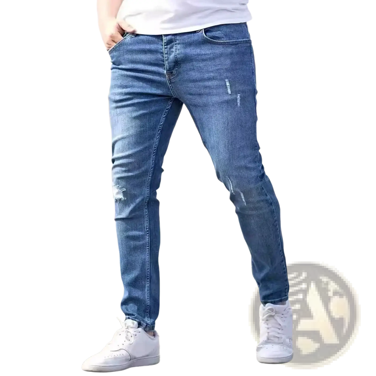 Blue denim men distressed skinny jeans with ripped details on knees and thighs vintage slim fit denim pants