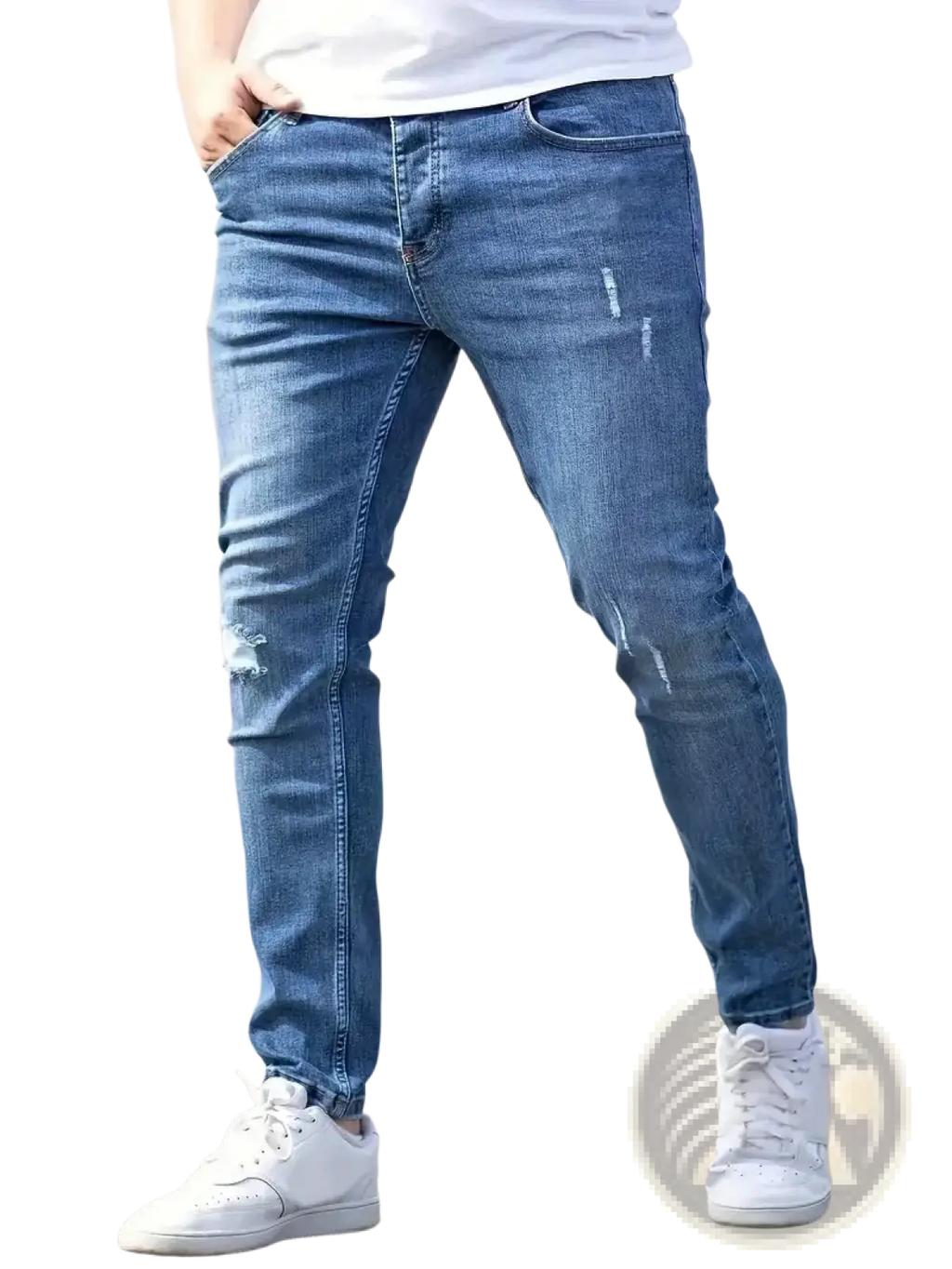 Men distressed skinny jeans in blue denim with ripped knees and thighs vintage slim fit pants