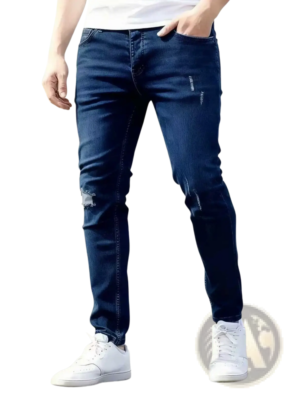 Dark blue distressed skinny jeans with slim fit made of vintage denim featuring knee patches for men