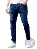Dark blue distressed skinny jeans with slim fit made of vintage denim featuring knee patches for men