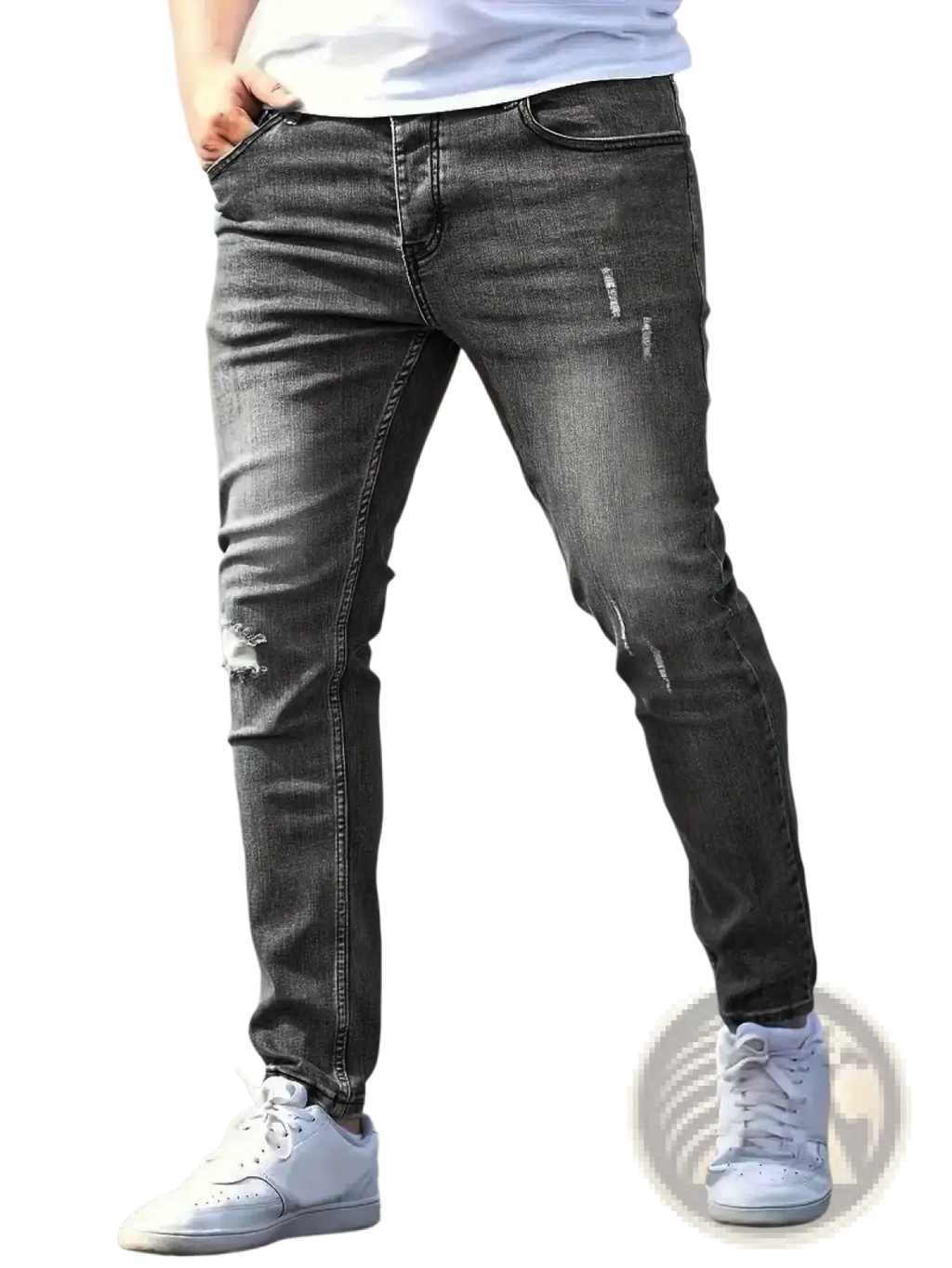 Dark gray distressed denim men skinny jeans with ripped knee details vintage slim fit pants
